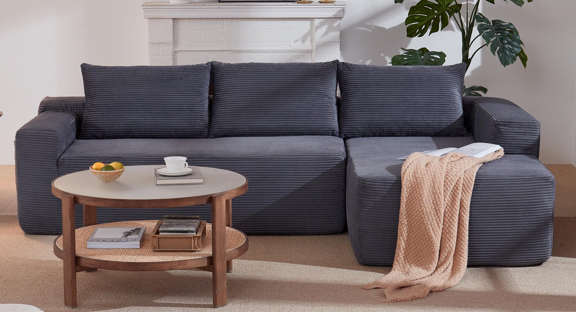 New 96.9"Compressible doubleCloud Sectional Couch with L-Shape Chaise,Modern Modular Sofa with Deep Seat,Upholstered Couches for Living Room Bedroom,No Assembly Required, Corduroy Fabric,Grey Right image 2