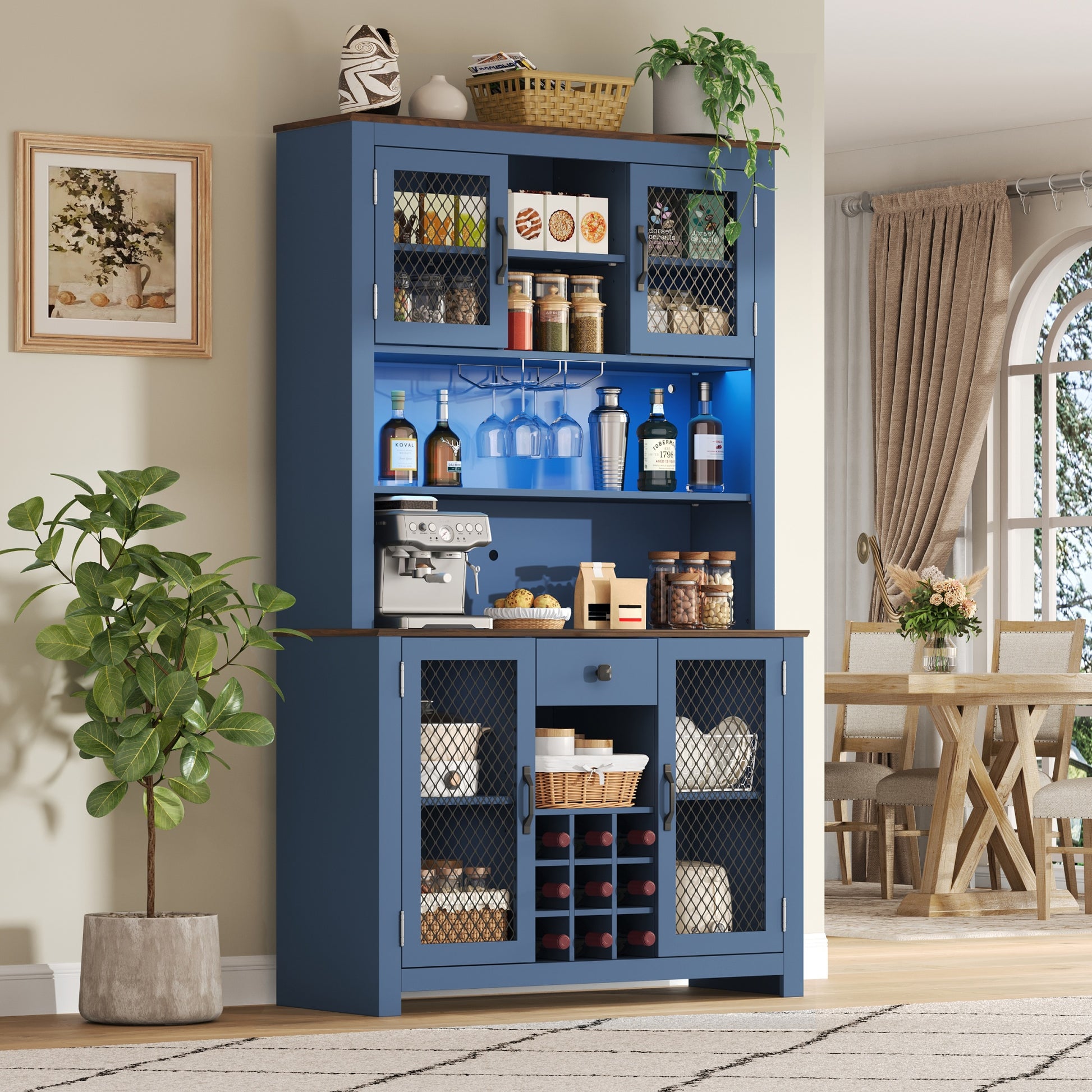 70.9" Kitchen Pantry Storage Cabinet Rustic Buffet Cabinet, Kitchen Hutch Cabinet with LED Outlets Food Pantry Cabinet with Doors and Shelves Wine Rack for Dining Room, Navy Blue image 4