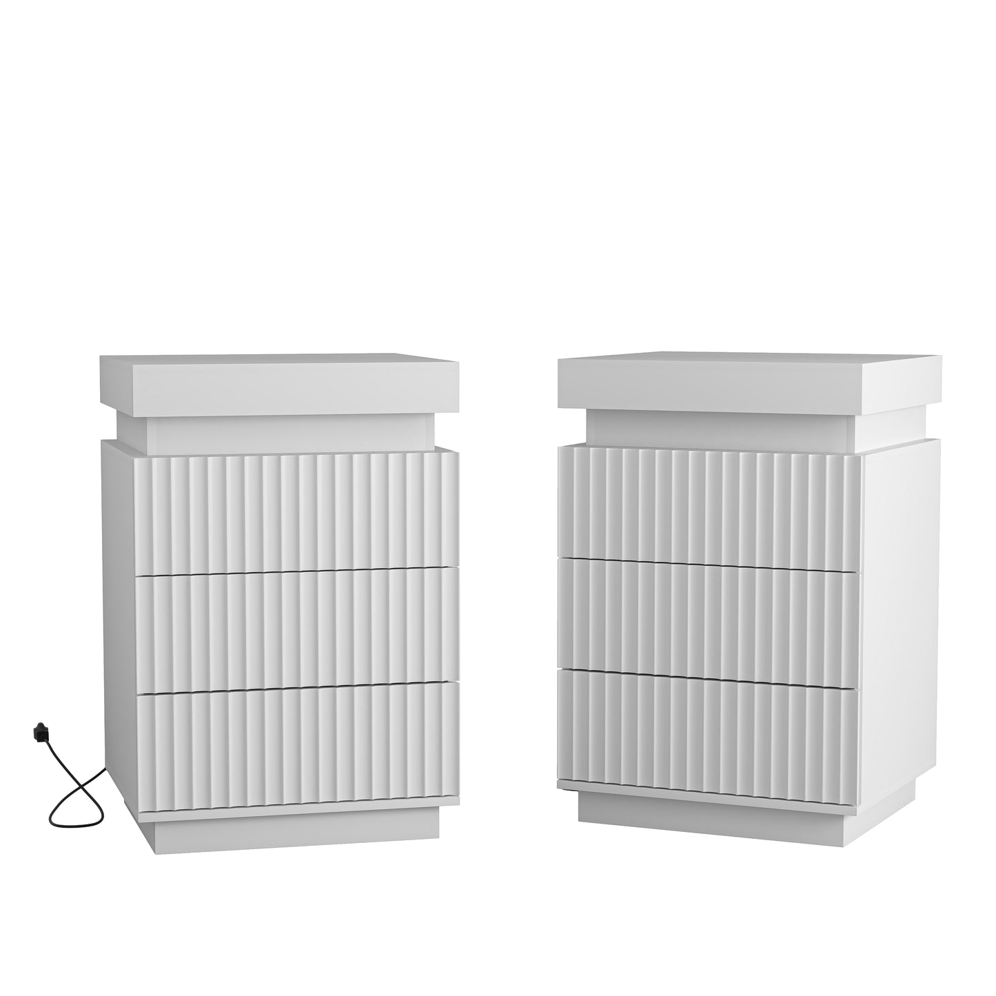 (Set of 2) White Nightstand Set of 2 with Charging Station & LED Lights, Fluted Wave Panel Bedside Table with Sliding Top Hidden Storage, Night Stand for Bedroom Living Room image 1