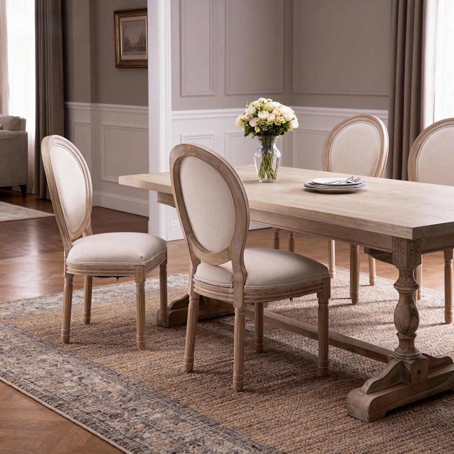 French Style Solid Wood Frame Linen Fabric Oval Back Dining Chair,Set of 2,Beige image 3