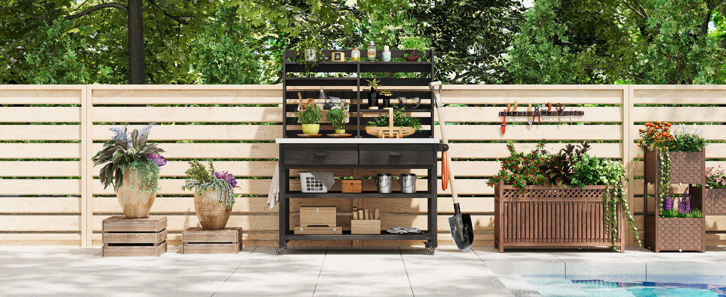 K&K 64.9"H Outdoor Potting Bench Table with Lockable Wheels, Solid Wood Outdoor Kitchen Island with Upper Hutch, Stainless Steel Top, Towel Rack,Outdoor Storage for Grilling, Lawn Garden -Black image 6