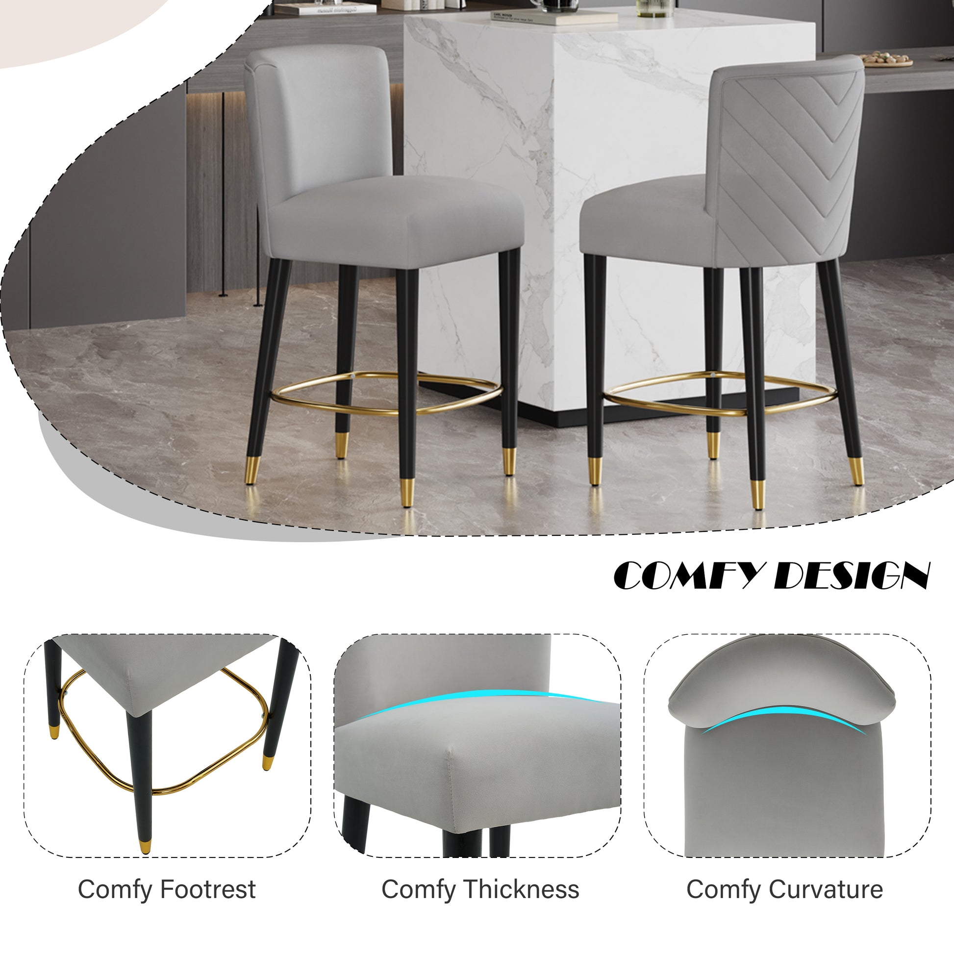 27inch-counterstool, modern design with a smooth, light - colored fabric and circular footrest with a gold - colored finish,creates a sophisticated and luxurious look--Grey image 3