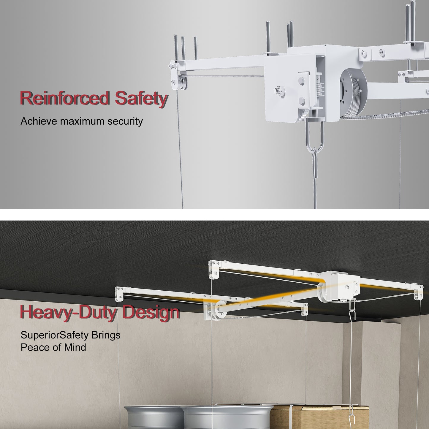 White Overhead Garage Storage Rack 4x8 FT for High Ceilings 10-12 FT, 350LBS Capacity All-Steel Construction with Safety Lock (Installation Required, Heavy-Duty Garage Organizer) image 6