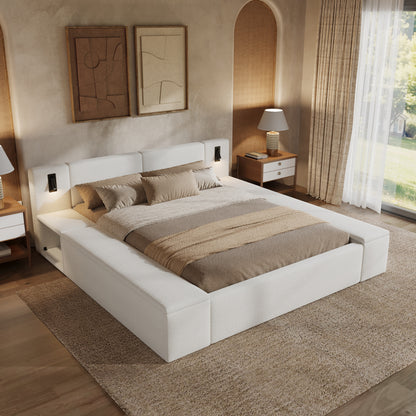 Queen Size Teddy Fleece Upholstered Platform Bed Frame with Massive Hidden Storage, Modern Bouclé Fabric Bed with Built-in Nightstands & LED Reading Lights, Wood Slats, No Box Spring Needed, White image 6