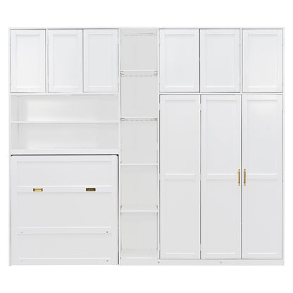 Twin Size Murphy Cabinet Bed with Wardrobe & Storage Shelves, 5-Tier LED Display Shelves, Overhead Cabinets, White image 9