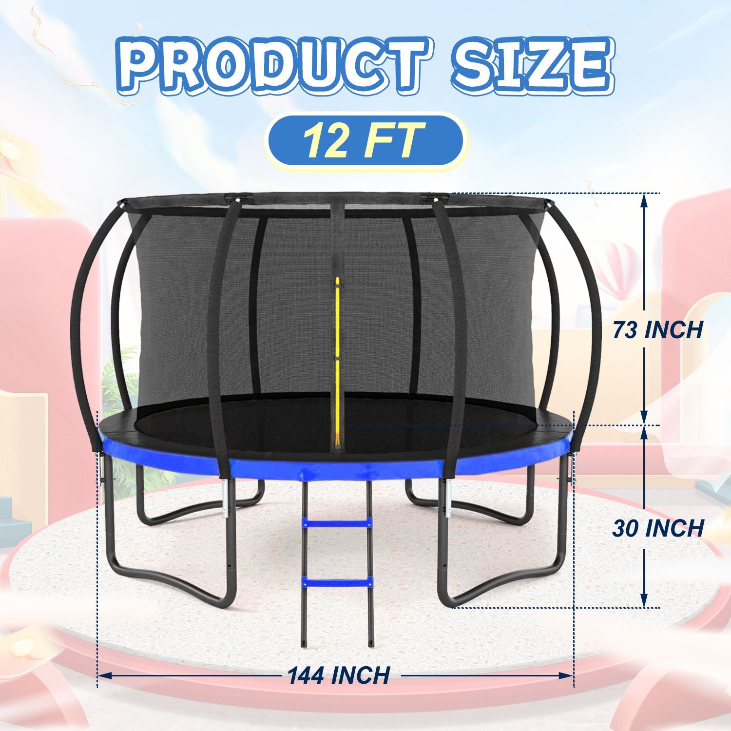 12FT Outdoor Big Trampoline With Inner Safety Enclosure Net, Ladder, PVC Spring Cover Padding, For Kids, Black&Blue Colo image 11