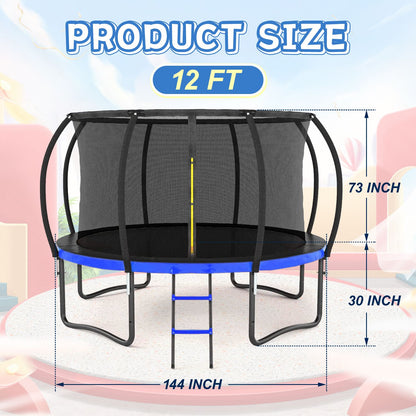 12FT Outdoor Big Trampoline With Inner Safety Enclosure Net, Ladder, PVC Spring Cover Padding, For Kids, Black&Blue Colo image 11