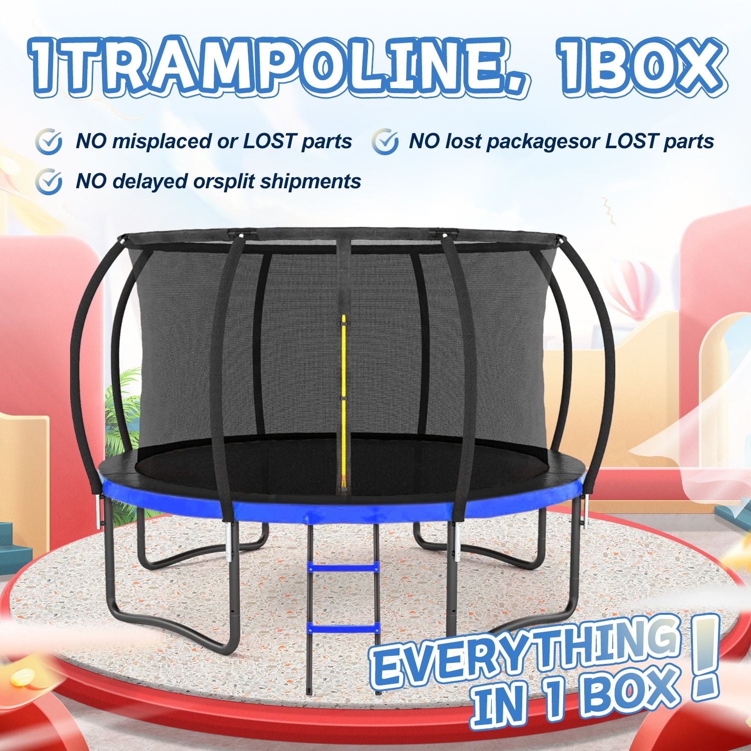 12FT Outdoor Big Trampoline With Inner Safety Enclosure Net, Ladder, PVC Spring Cover Padding, For Kids, Black&Blue Colo image 13