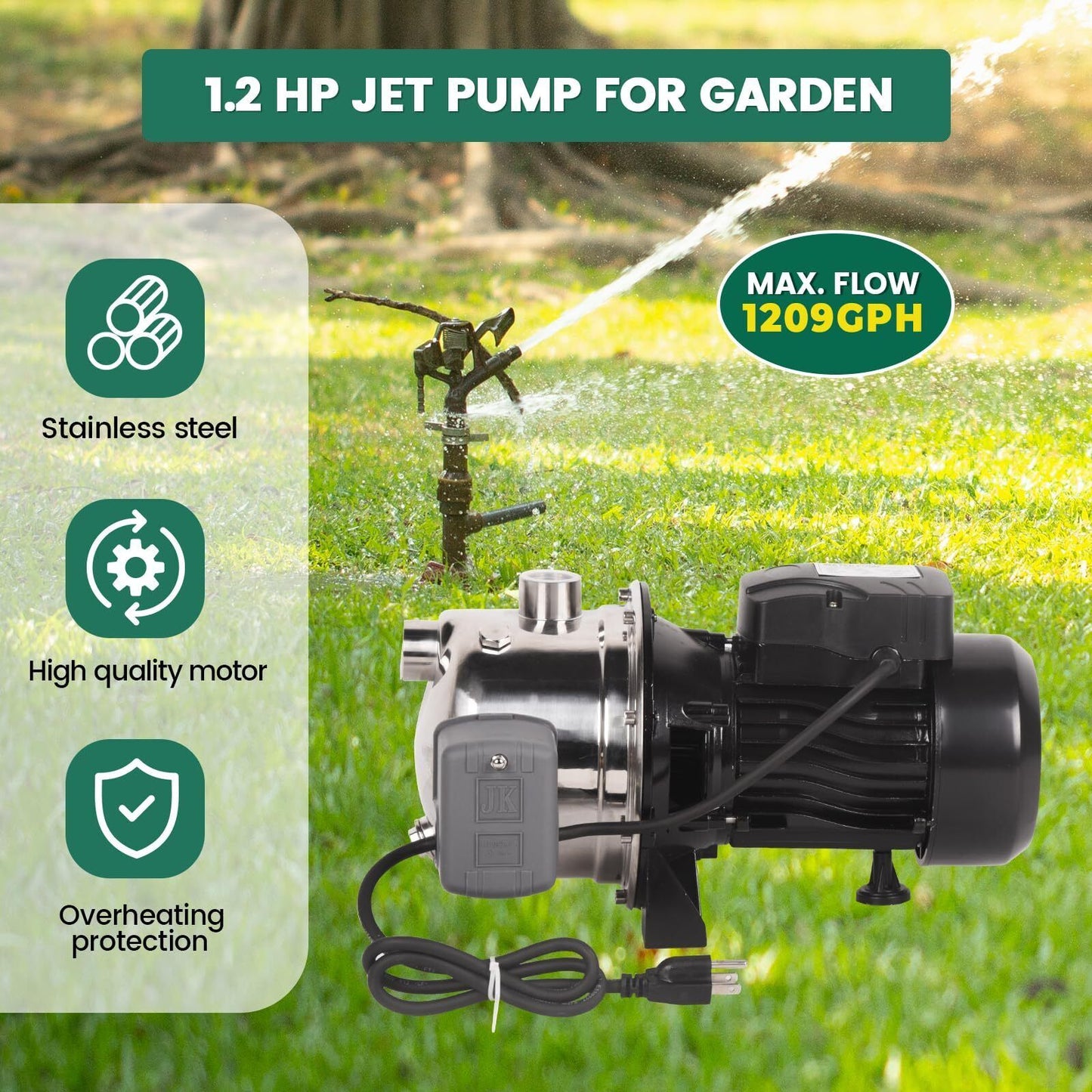 1.2HP Shallow Well Pump,Water Transfer Pump,115V 1209GPH Max. Head 147ft, Stainless Steel Garden Pump, Portable Sprinkle image 3