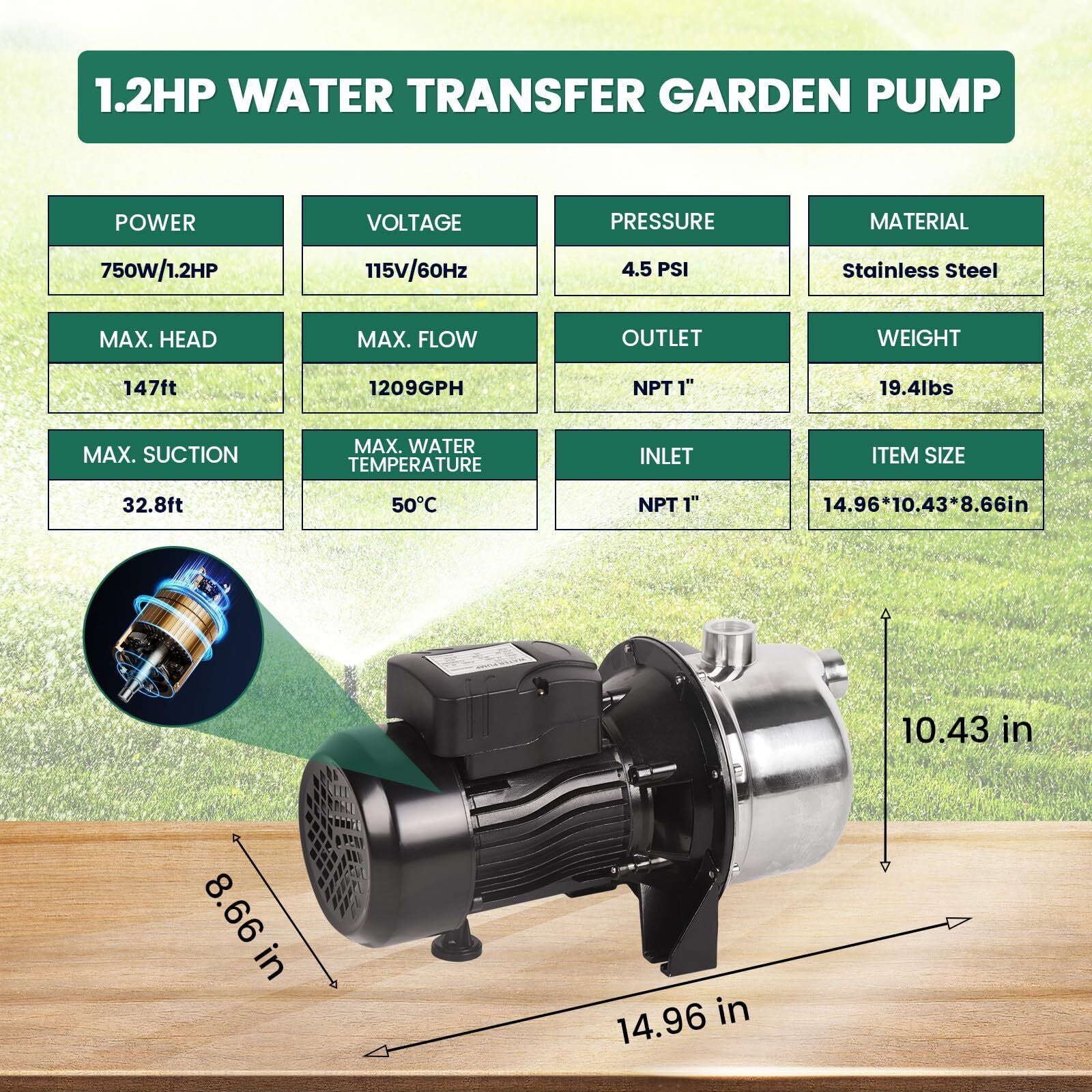1.2HP Shallow Well Pump,Water Transfer Pump,115V 1209GPH Max. Head 147ft, Stainless Steel Garden Pump, Portable Sprinkle image 8