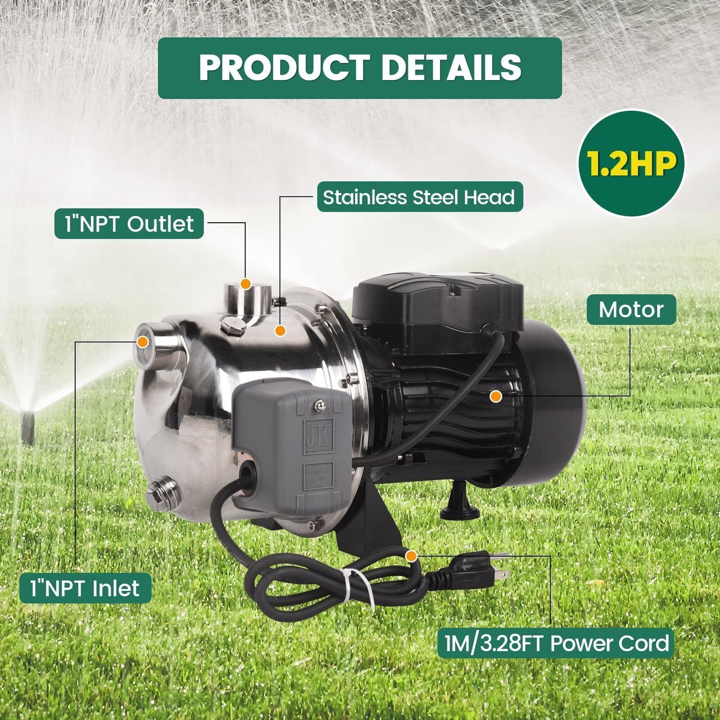 1.2HP Shallow Well Pump,Water Transfer Pump,115V 1209GPH Max. Head 147ft, Stainless Steel Garden Pump, Portable Sprinkle image 2