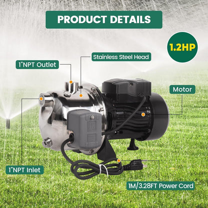 1.2HP Shallow Well Pump,Water Transfer Pump,115V 1209GPH Max. Head 147ft, Stainless Steel Garden Pump, Portable Sprinkle image 2