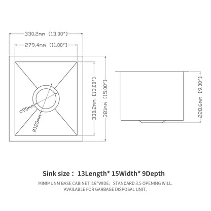 13 Inch Undermount Sink - 13" x 15" x 9" Undermount Stainless Steel Kitchen Sink 16 Gauge 9 Inch Deep Single Bowl Kitche image 8