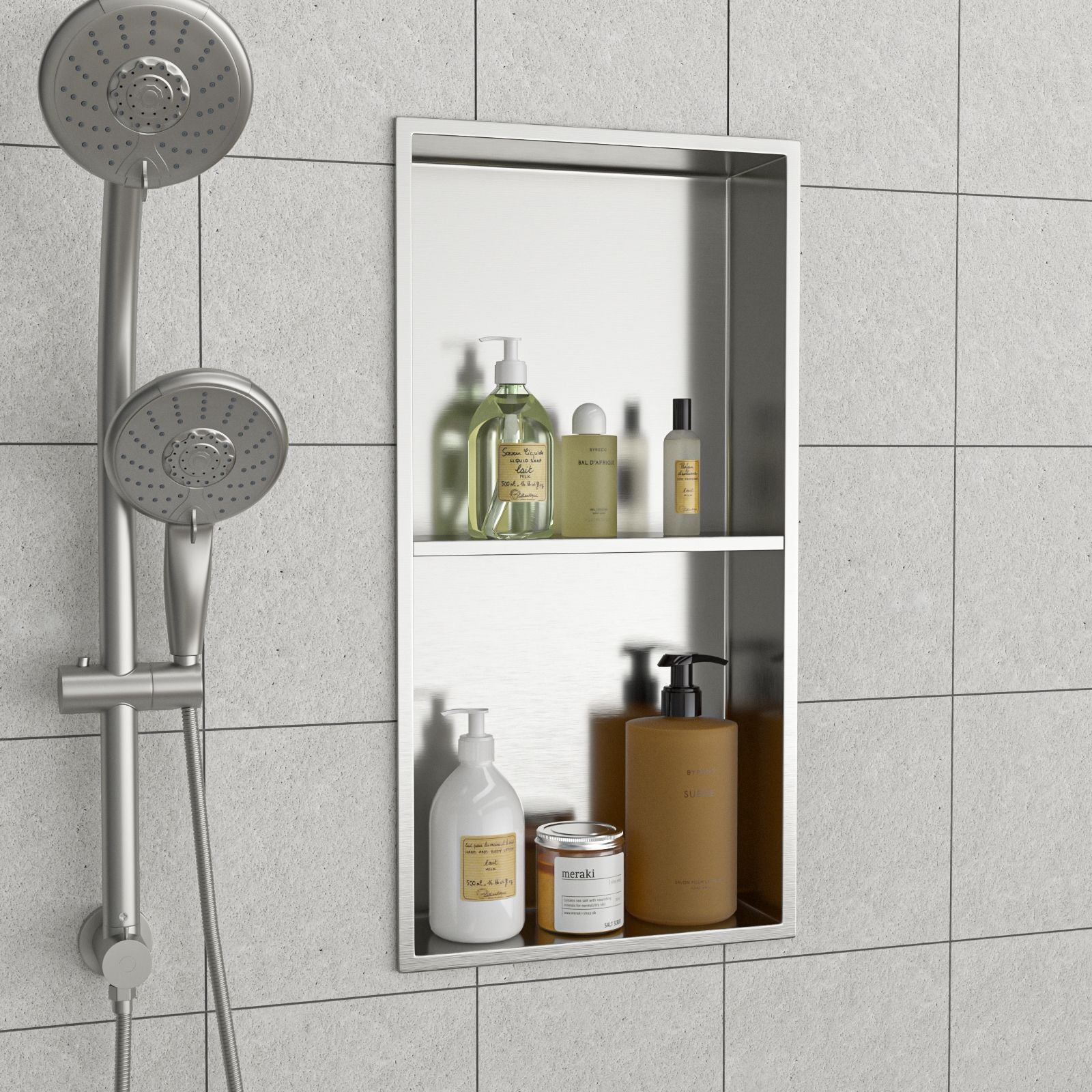 13" x 25" Stainless Steel Shower Niche Double Shelf, Brushed Nickel image 3