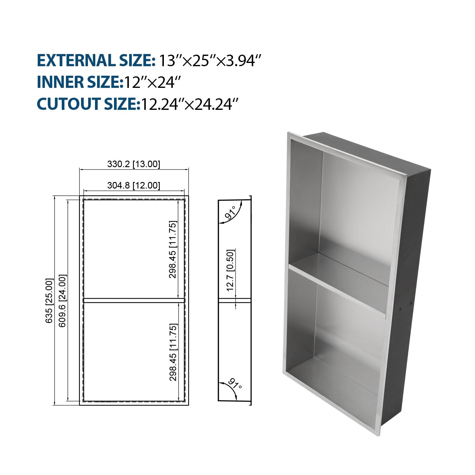 13" x 25" Stainless Steel Shower Niche Double Shelf, Brushed Nickel image 8
