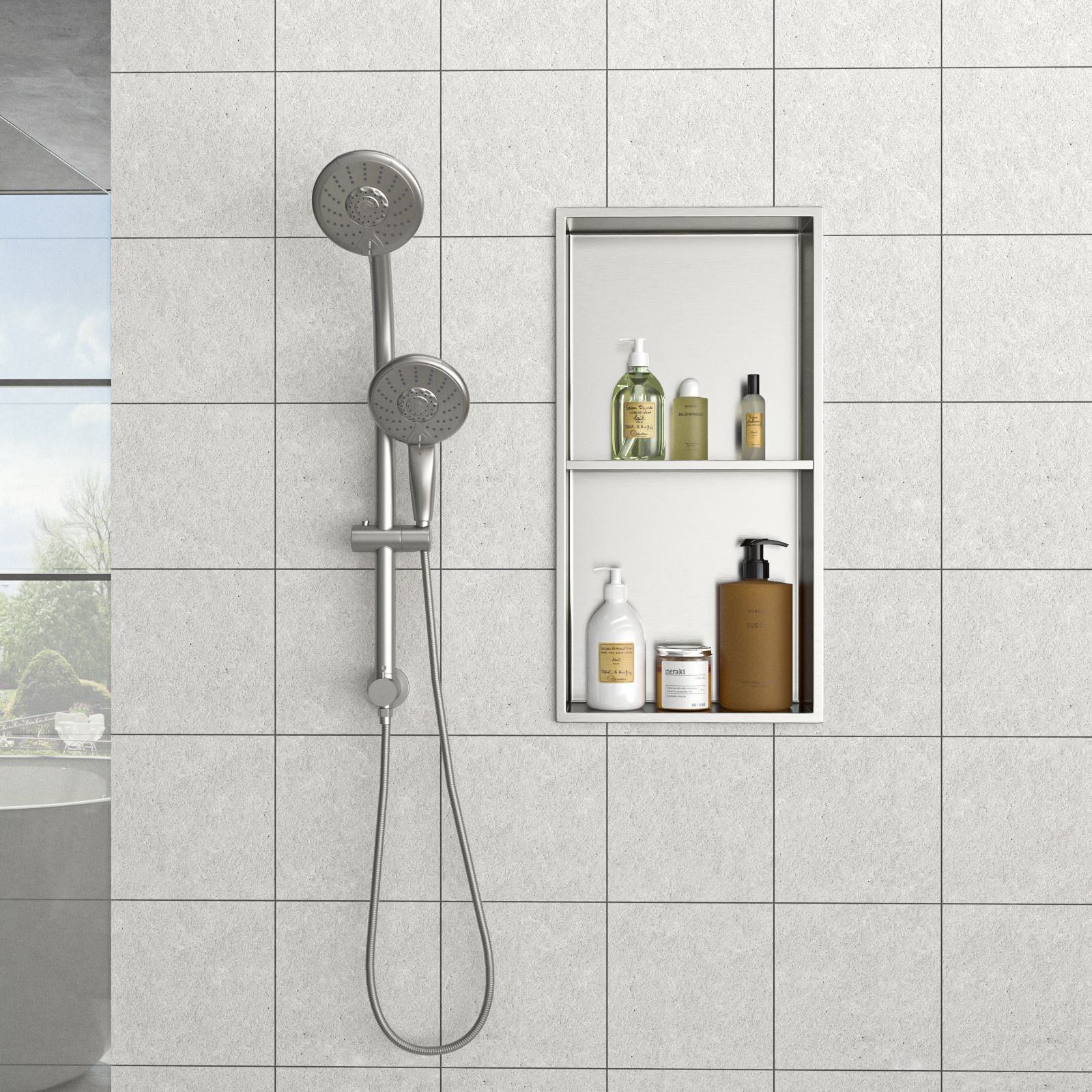 13" x 25" Stainless Steel Shower Niche Double Shelf, Brushed Nickel image 1
