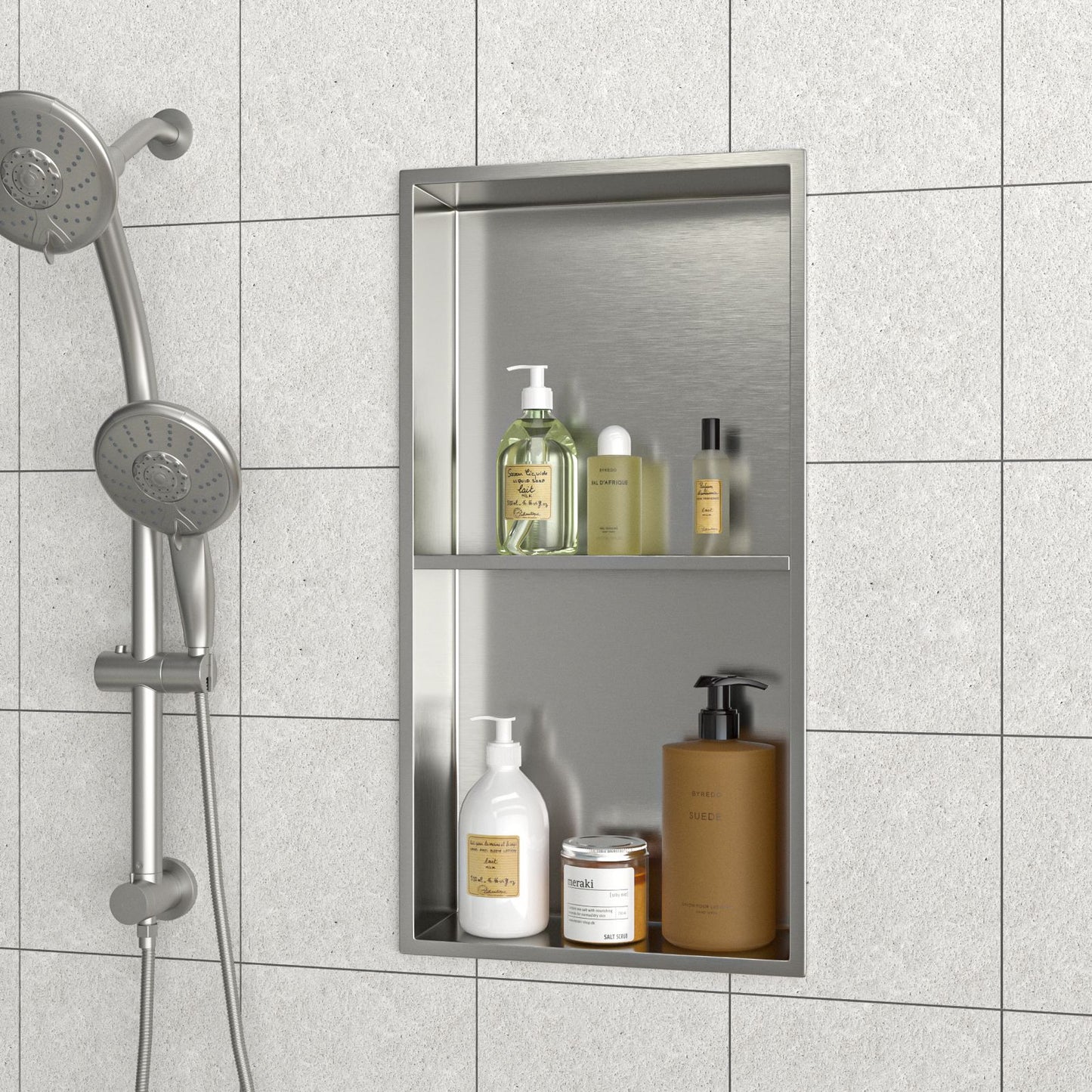 13" x 25" Stainless Steel Shower Niche Double Shelf, Brushed Nickel image 2