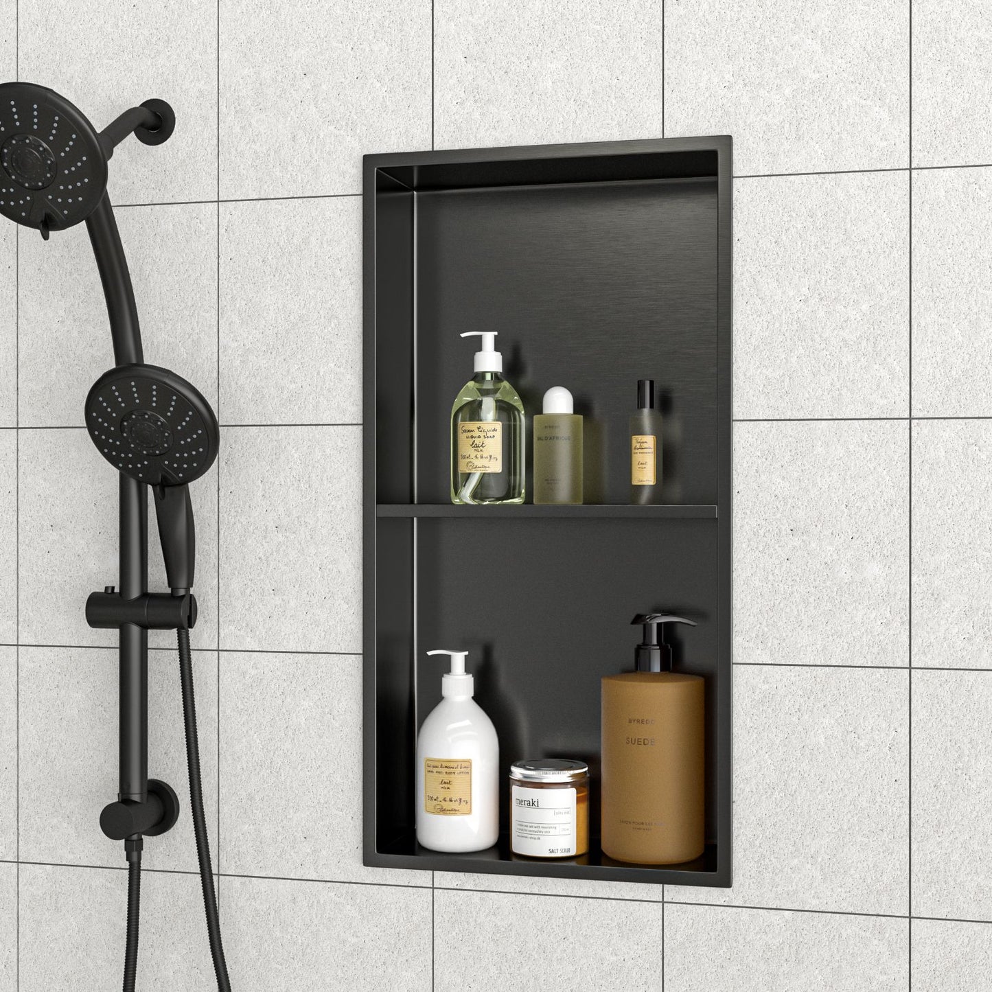 13" x 25" Stainless Steel Shower Niche Double Shelf, Gunmetal Black image 4