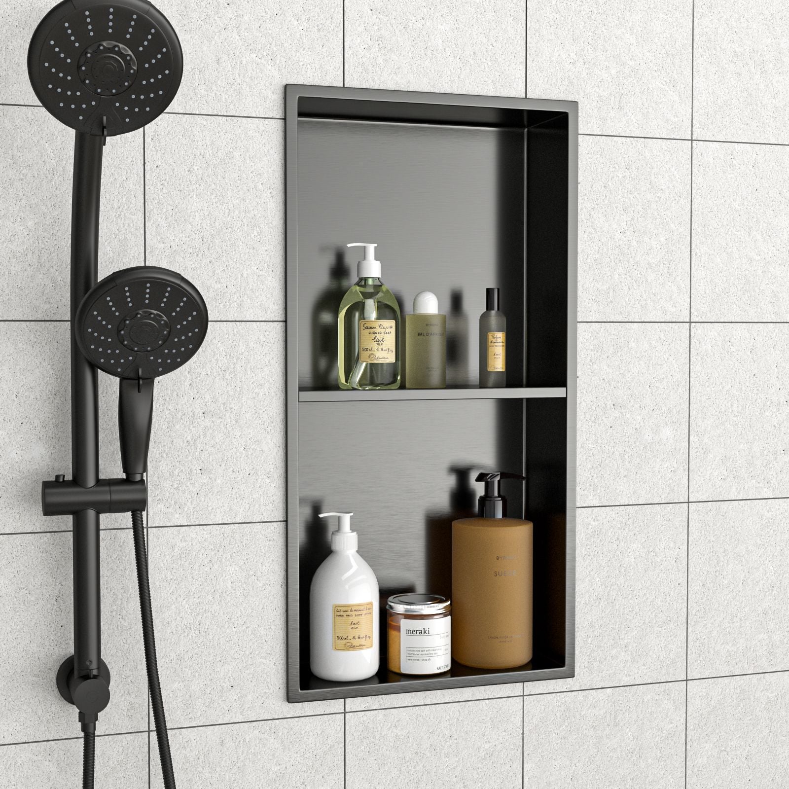 13" x 25" Stainless Steel Shower Niche Double Shelf, Gunmetal Black image 3