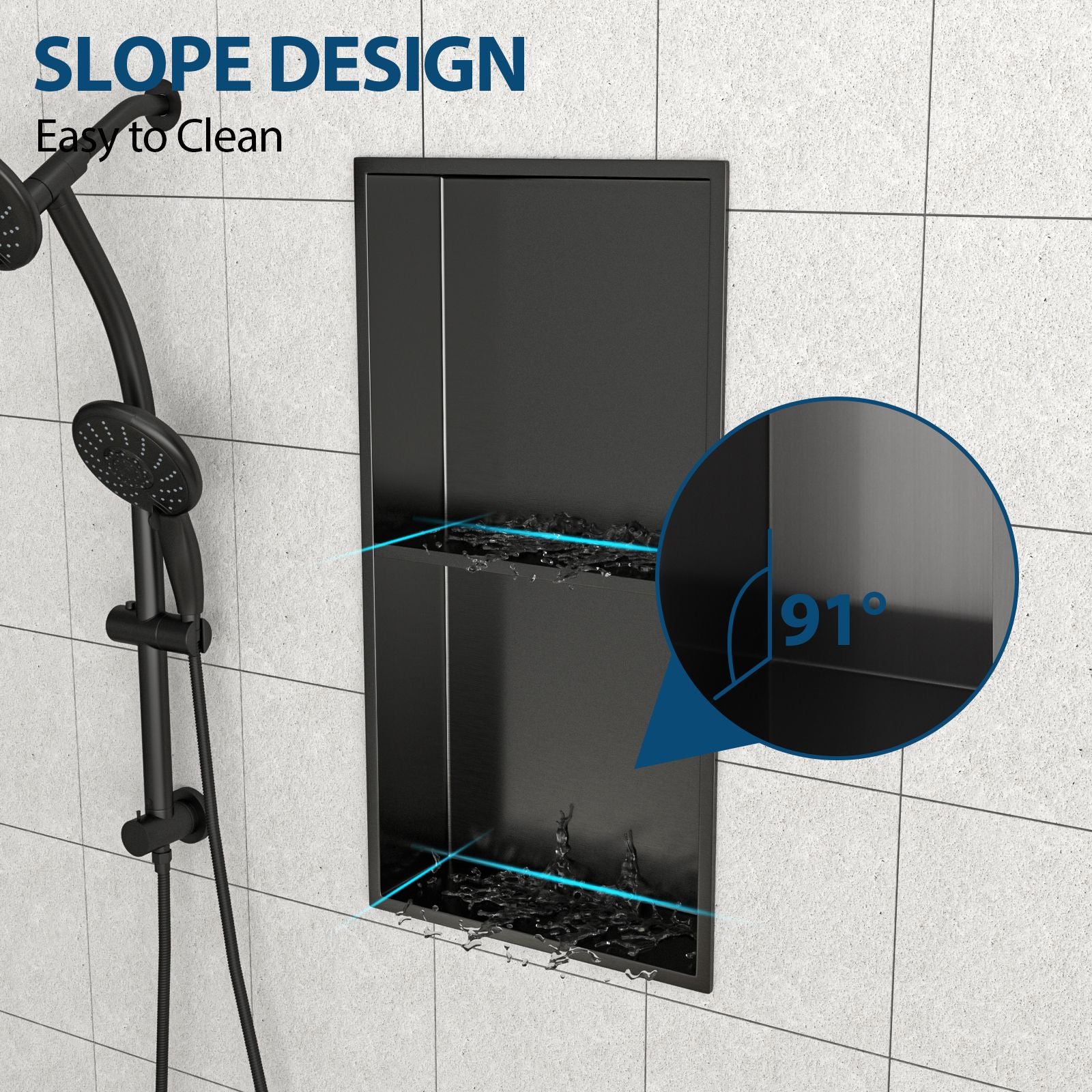 13" x 25" Stainless Steel Shower Niche Double Shelf, Gunmetal Black image 5
