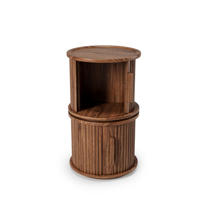 2Piece Round Coffee Table Set, Modern Nesting Side Tables with Sliding Door Storage, Walnut Finish Sofa End Table & Bedside Nightstand for Living Room & Bedroom, Fluted Roman Column Design Accent Tab image 10