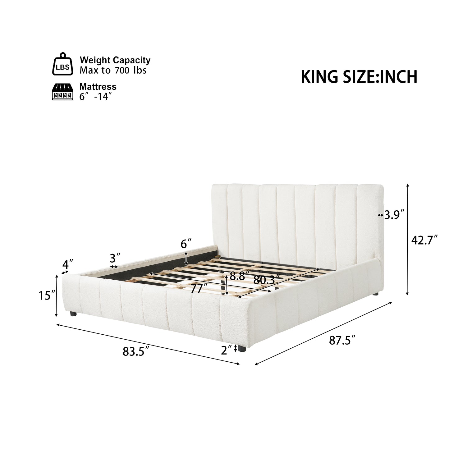 King Size Upholstered Bed Frame With Boucle Fabric And Thick Headboard, Off white image 3