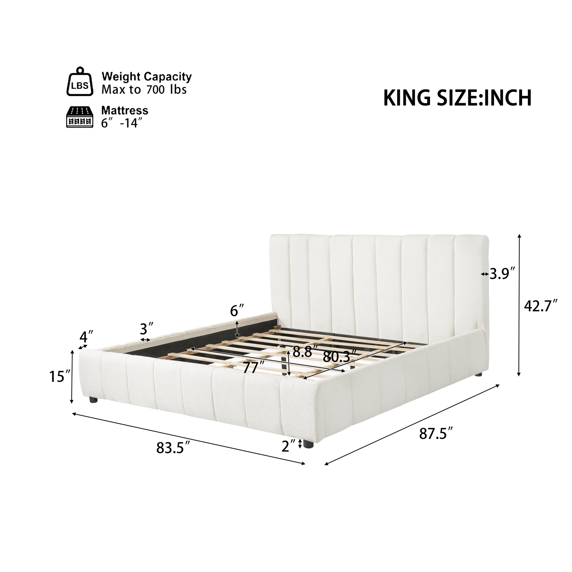 King Size Upholstered Bed Frame With Boucle Fabric And Thick Headboard, Off white image 3