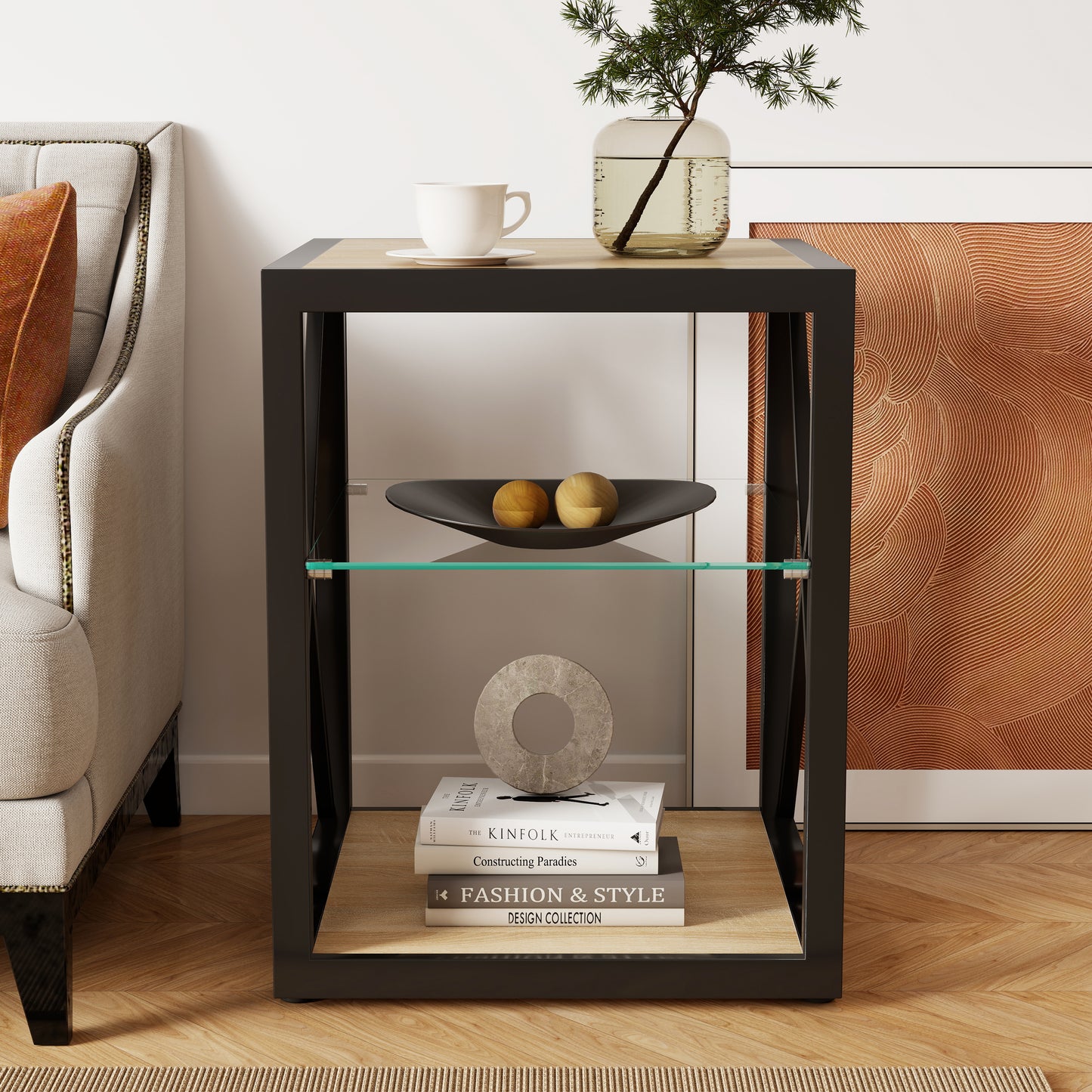 1 piece Modern End Table Nightstand for Bedroom & Living Room, Tempered Glass&Natural Wood MDF Top, Industrial Style Side Table image 3