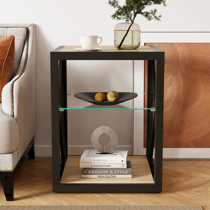 1 piece Modern End Table Nightstand for Bedroom & Living Room, Tempered Glass&Natural Wood MDF Top, Industrial Style Side Table image 3