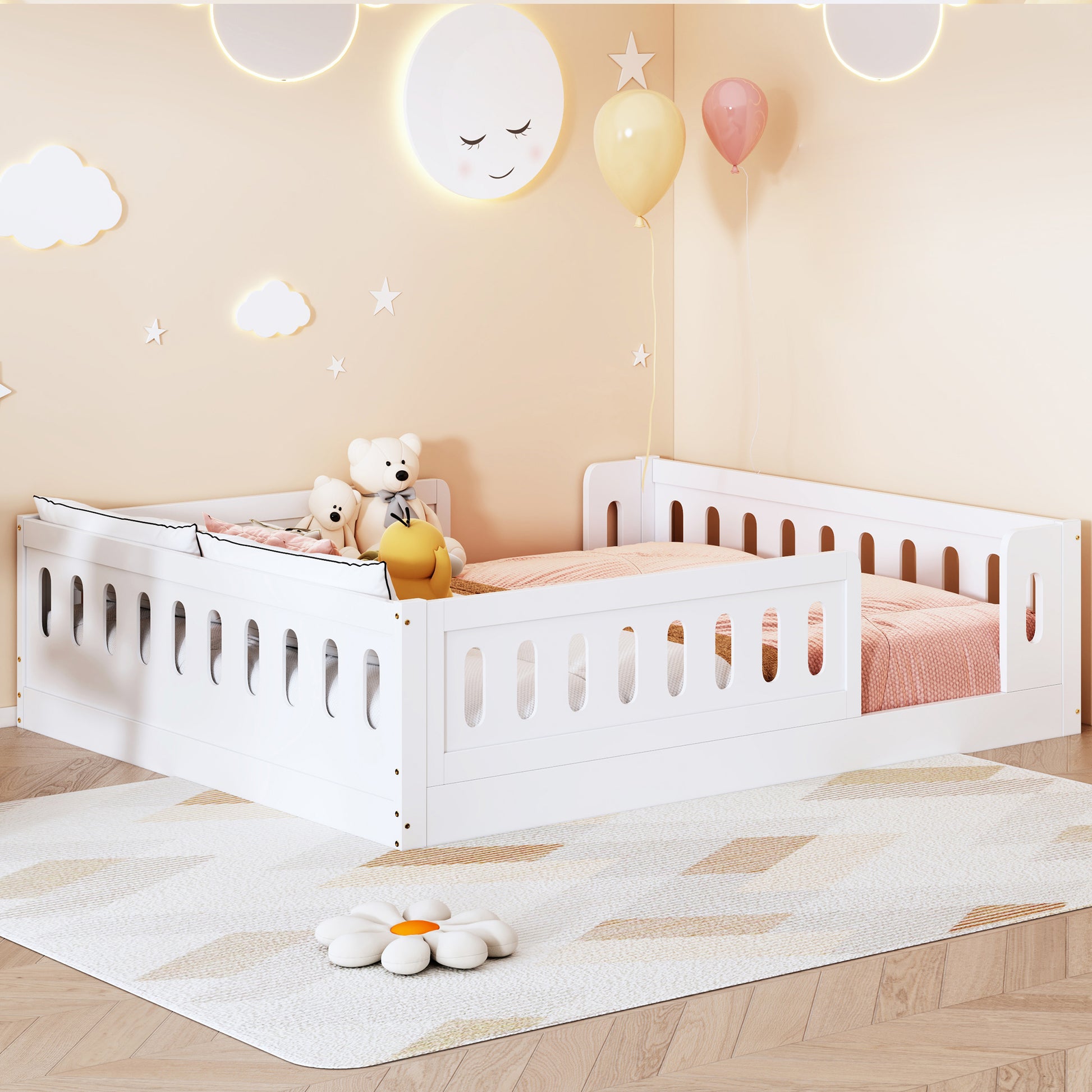 Wood Full Size Platform Bed with Guardrail, White image 1