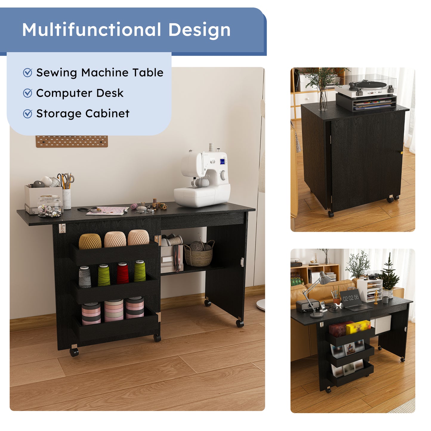 Black 45.67'' 4-in-1 Folding Sewing Table with Lockable Wheels – Multi-Functional Craft Station, End Table, Computer Desk & Kitchen Storage with Shelves, Rolling Sewing Machine Table for Apartments image 3