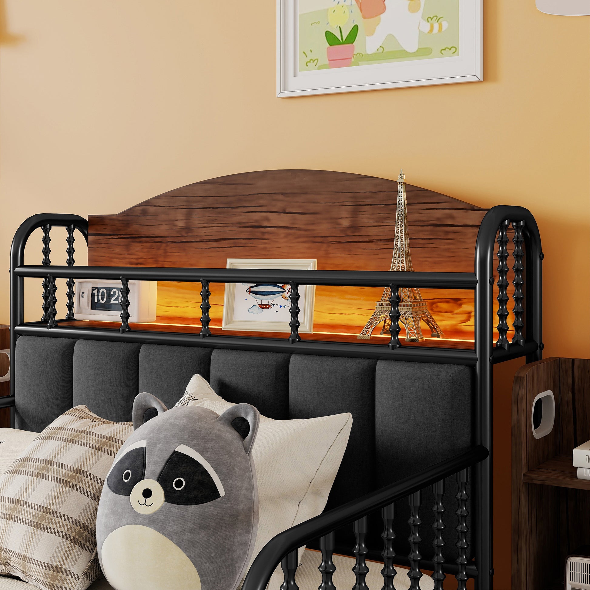 Twin Size Metal Platform Bed Frame with Light, Kids Twin Metal Bed with Upholstered and Pull Out Storage Shelves, Black (Expect Arrival Date 2025/10/5) image 5