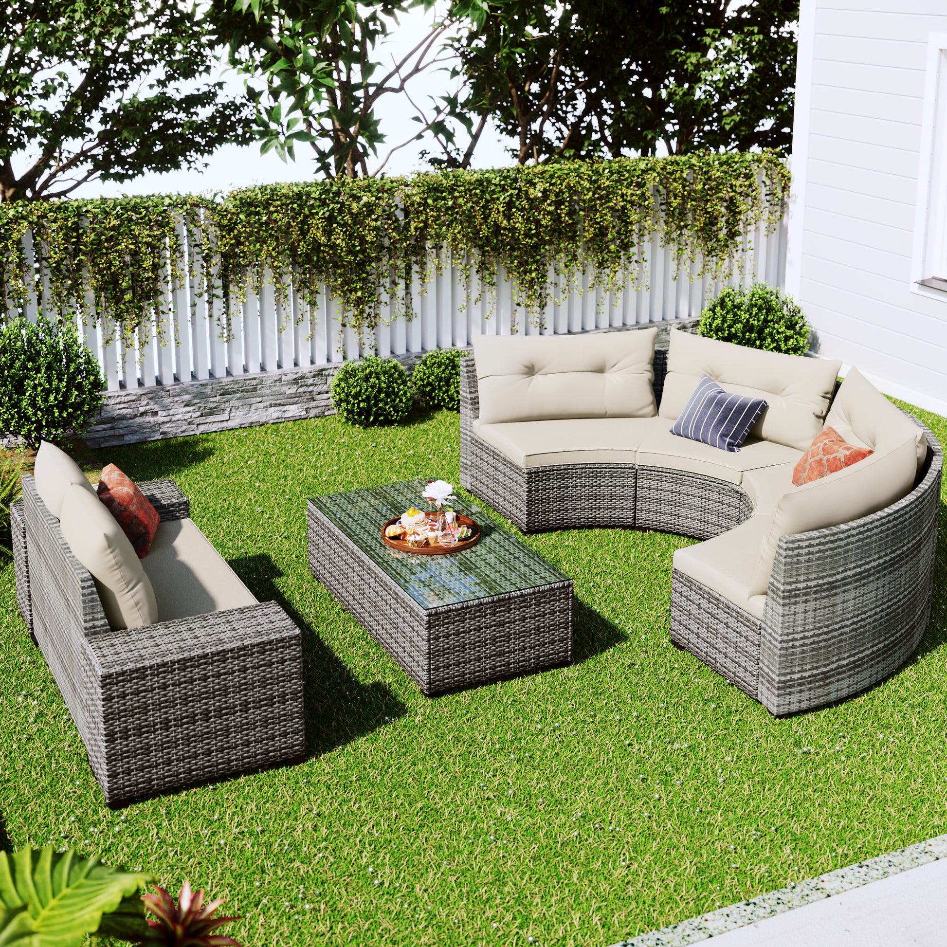 <Old SKU: FG201215AAA> 8-pieces Outdoor Wicker Round Sofa Set, Half-Moon Sectional Sets All Weather, Curved Sofa Set With Rectangular Coffee Table, PE Rattan, Movable Cushion, Beige image 3