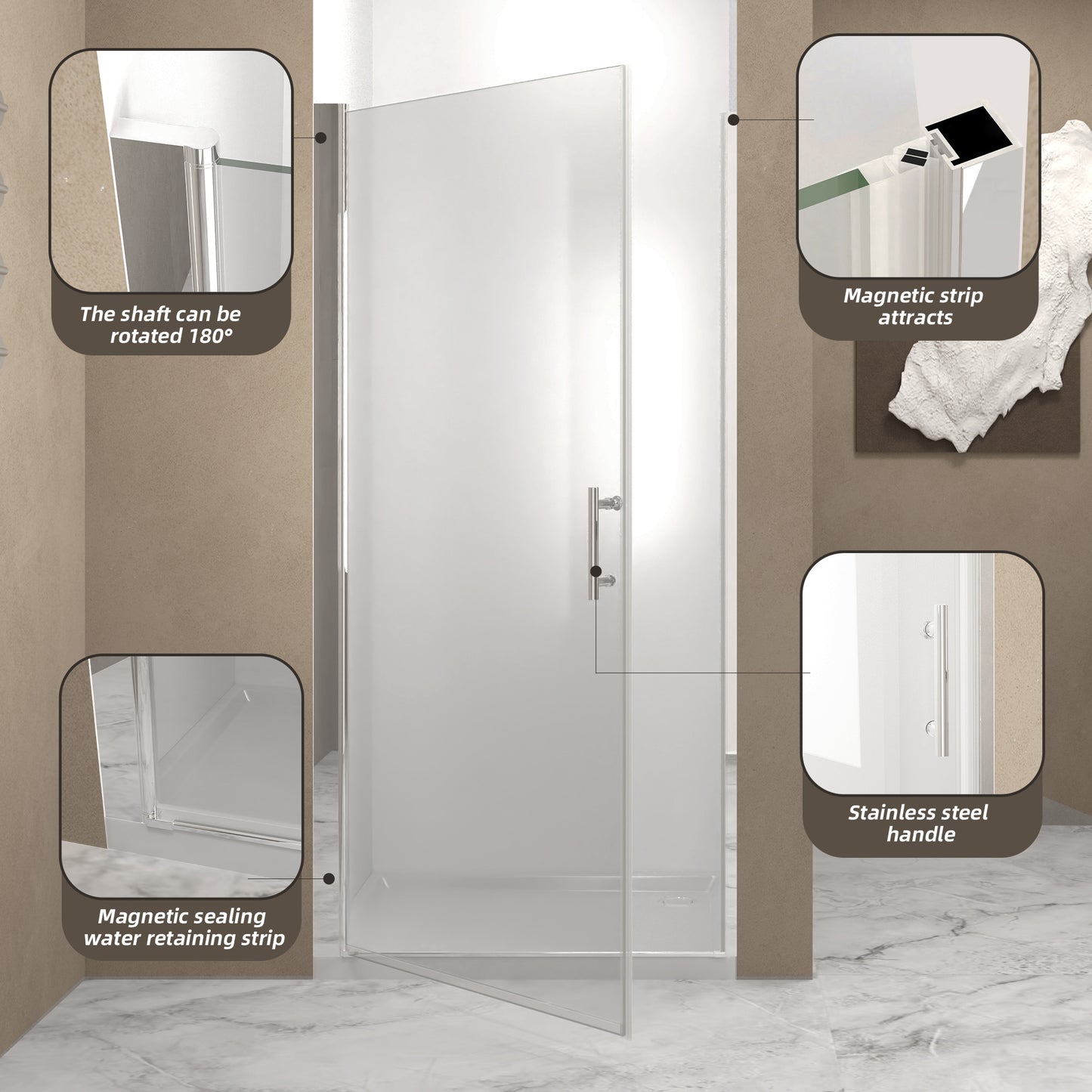 37-36"x 72" Pivot Shower Door, Chrome Aluminum Frame, Half Frame,1/4"(6mm) Tempered Glass Explosion Proof Film image 5