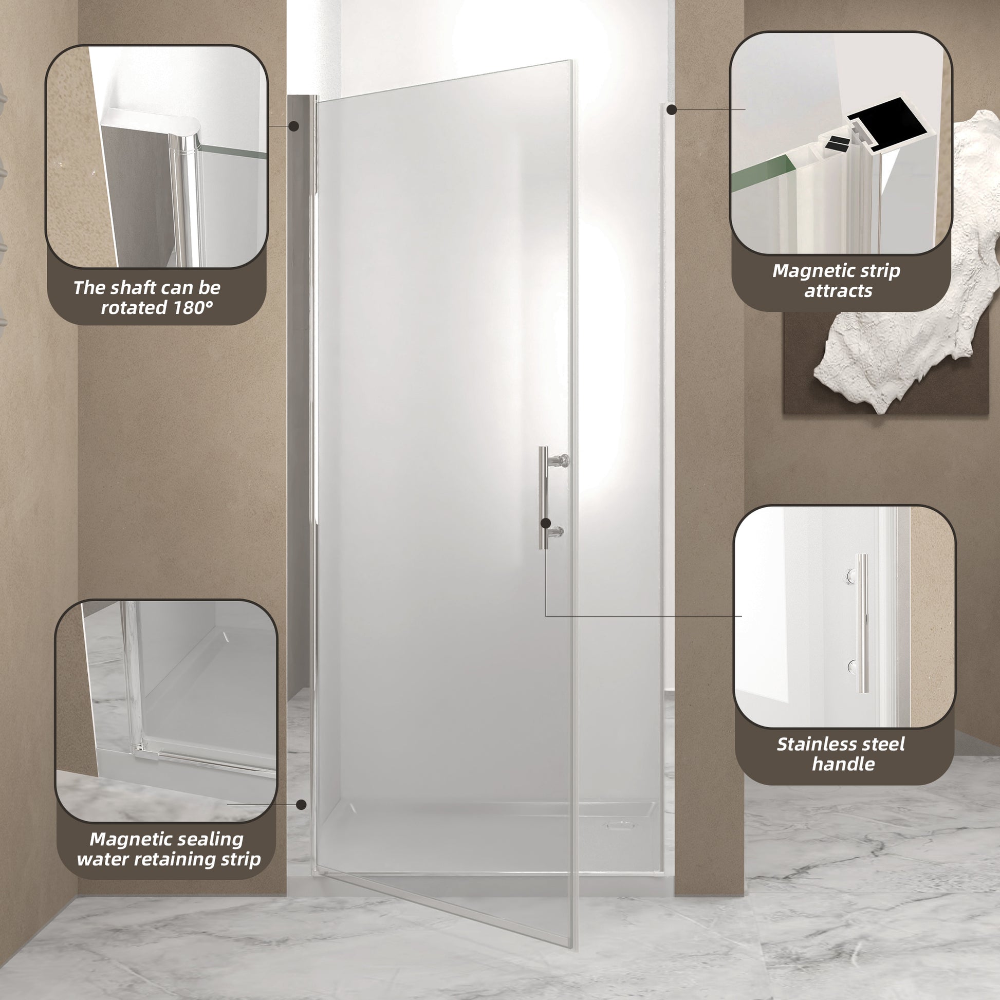 37-36"x 72" Pivot Shower Door, Chrome Aluminum Frame, Half Frame,1/4"(6mm) Tempered Glass Explosion Proof Film image 5