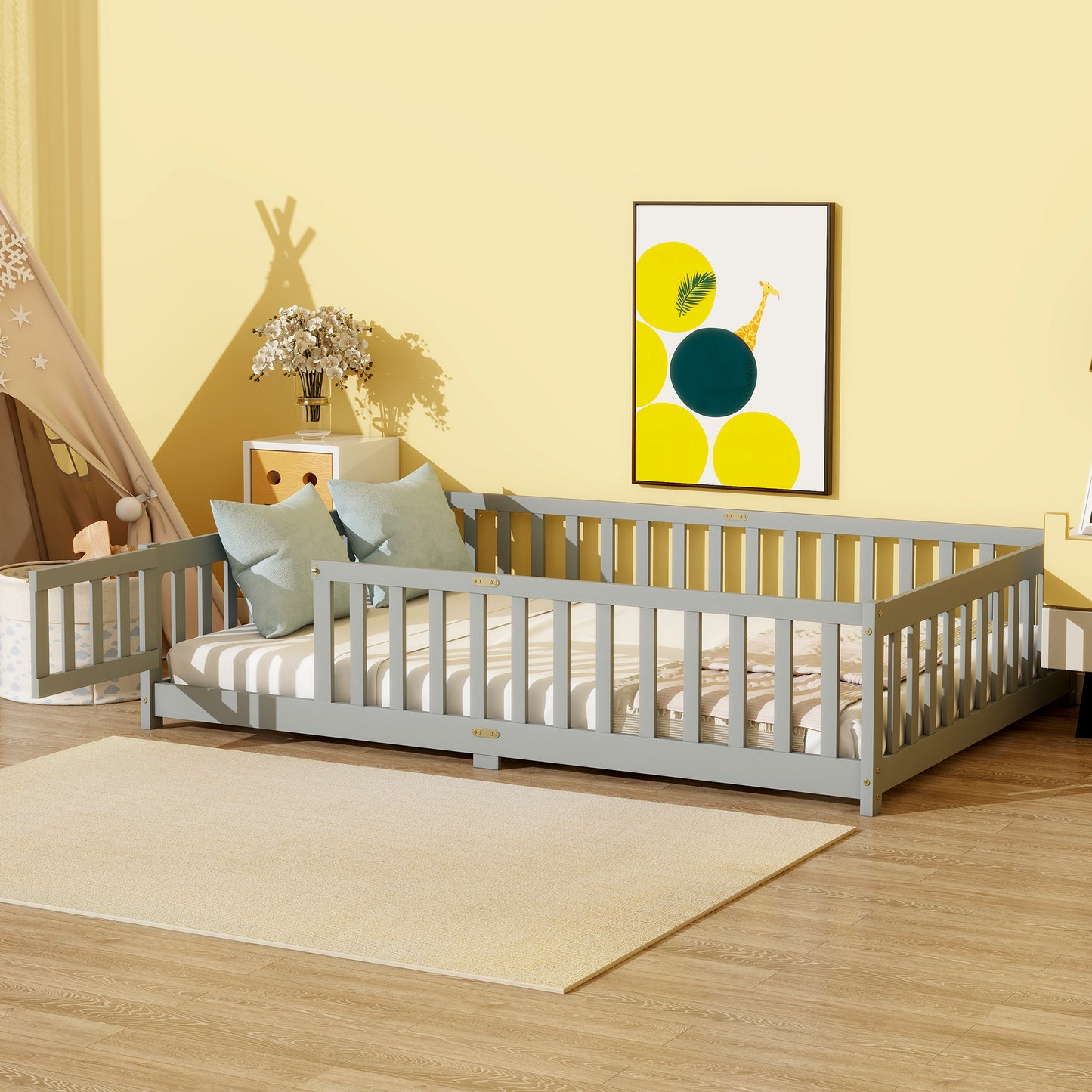 Full Size Floor Bed with Fence and Door,Rubber Wood Floor Bed with Safety Guardrails,Grey image 9