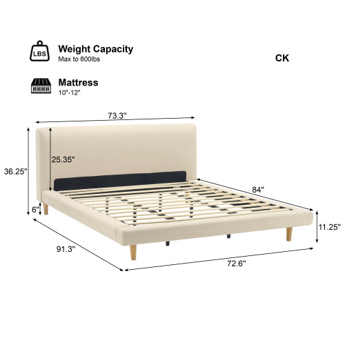 Beige Chunky Headboard Bed Frame, Solid Rubberwood Legs, Cal-King, 800lbs Capacity image 3