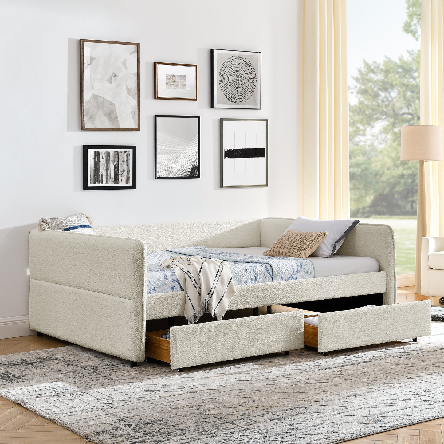 Daybed with Trundle Upholstered Tufted Sofa Bed, with Two Drawers, Queen Size, Boucle Fabric, Beige(88"x65.5"x29.5") image 2