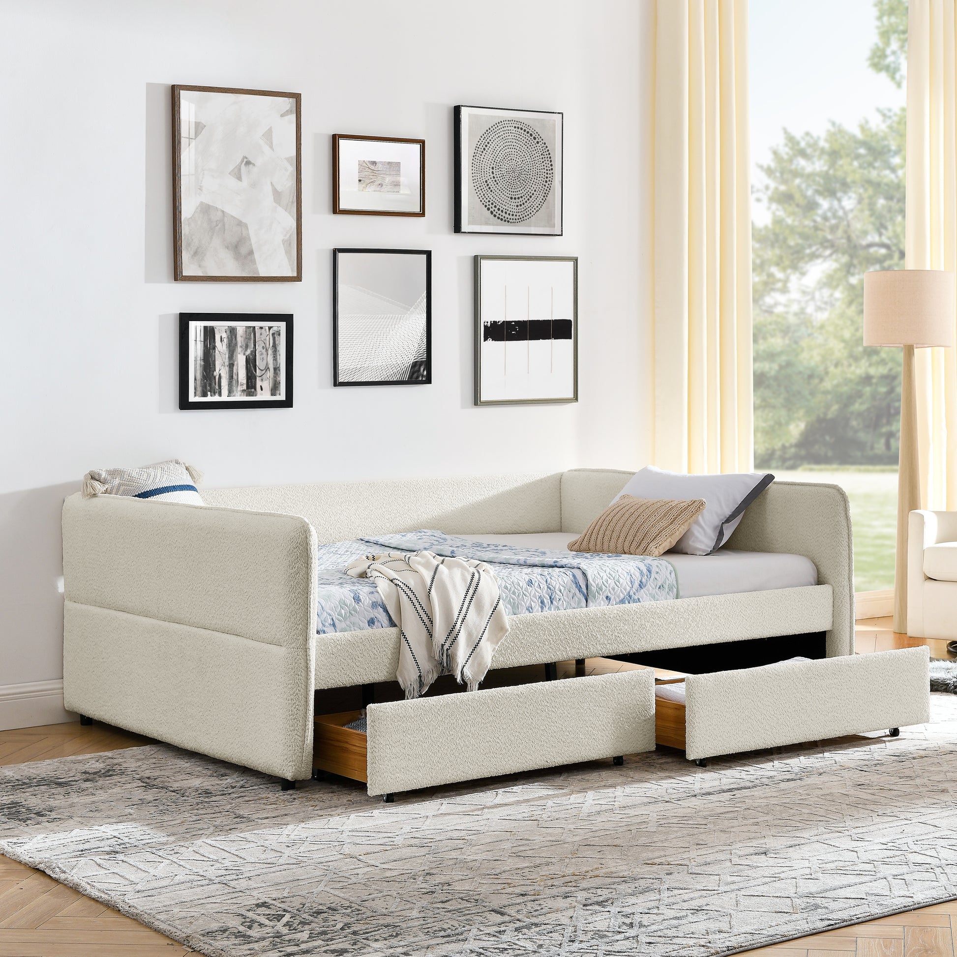 Daybed with Trundle Upholstered Tufted Sofa Bed, with Two Drawers, Queen Size, Boucle Fabric, Beige(88"x65.5"x29.5") image 2