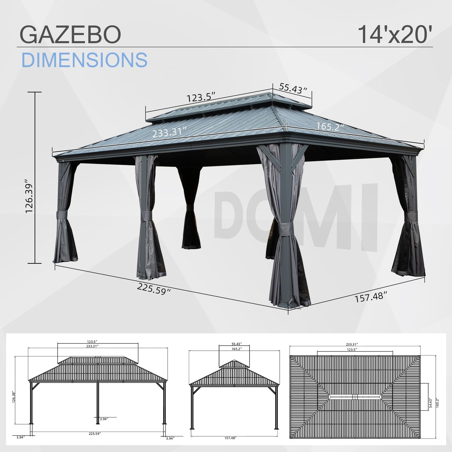 14' X 22' Hardtop Gazebo, Upgraded Metal Gazebo with Drainage System, Dual-Layer Galvanized Steel Roof, Curtain and Netting, Outdoor Shelter Canopy for Patio, Garden, and Backyard, Grey image 2