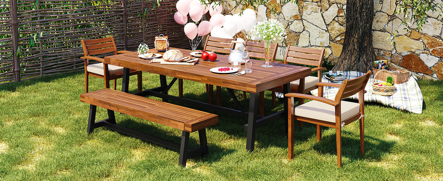 GO Outdoor Wood Dining Set For 7-8 Person, Outdoor Dining Furniture With Removable Cushions, Ergonomic Chairs And Bench, Thicker Table, Nature image 5