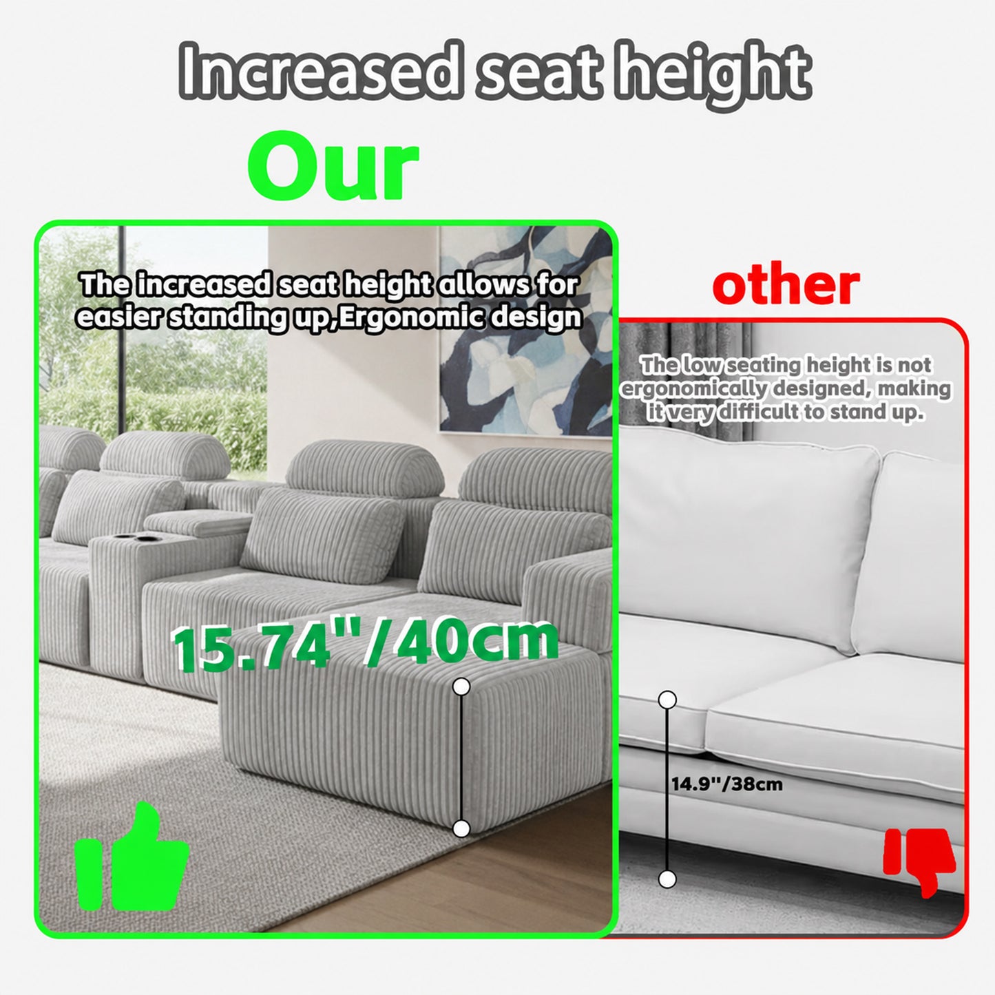 Modern Gray Velvet U-Shaped Velvet Sectional Sofa - 3-Piece Living Room Set with Chaise Lounge & Cup Holders - 145.7"/370cm Extra Large Modular Sofa for Home Theater, Family Room, Luxury Living Space image 6