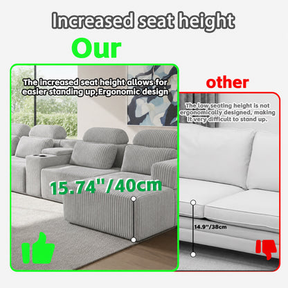 Modern Gray Velvet U-Shaped Velvet Sectional Sofa - 3-Piece Living Room Set with Chaise Lounge & Cup Holders - 145.7"/370cm Extra Large Modular Sofa for Home Theater, Family Room, Luxury Living Space image 6