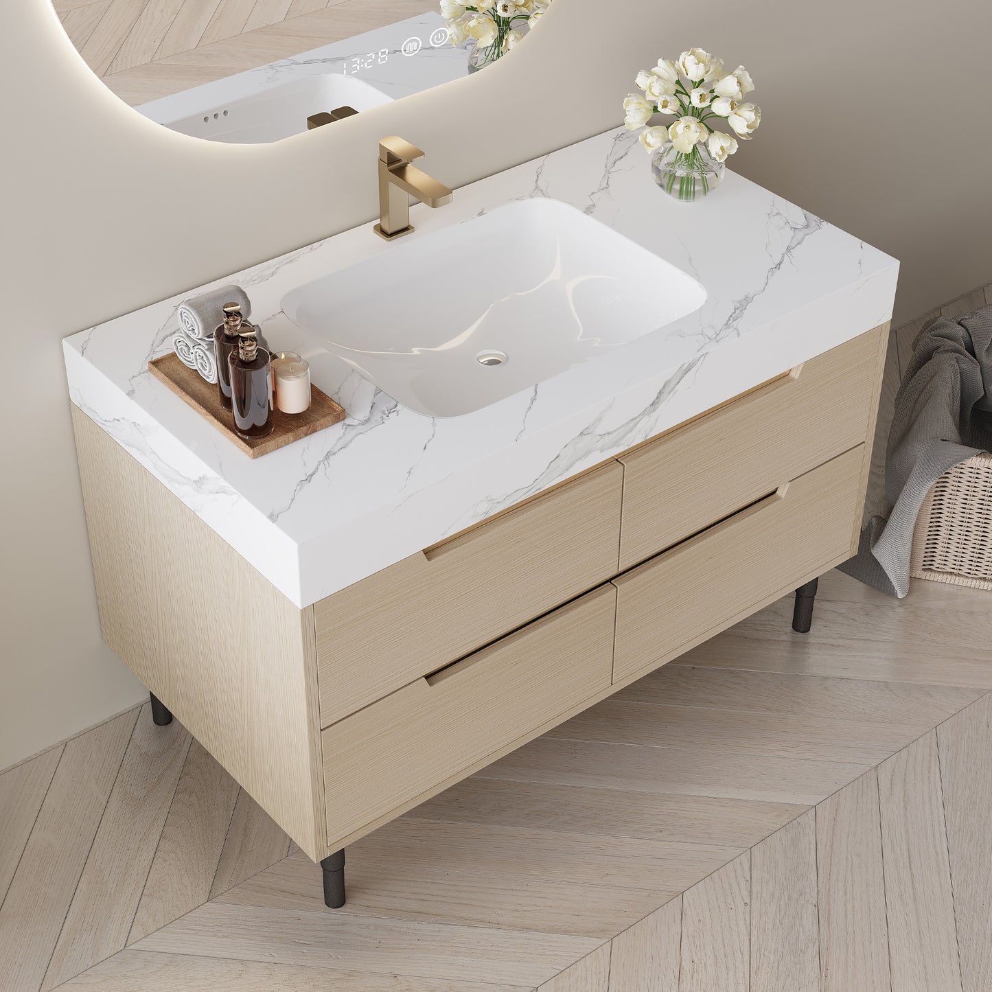35.4" Modern Bathroom Vanity with Undermount Sink, Sintered Stone Top, Waterproof Multi-layer Solid Wood, 4 Drawers Storage, Free-standing/Wall-Mounted image 8