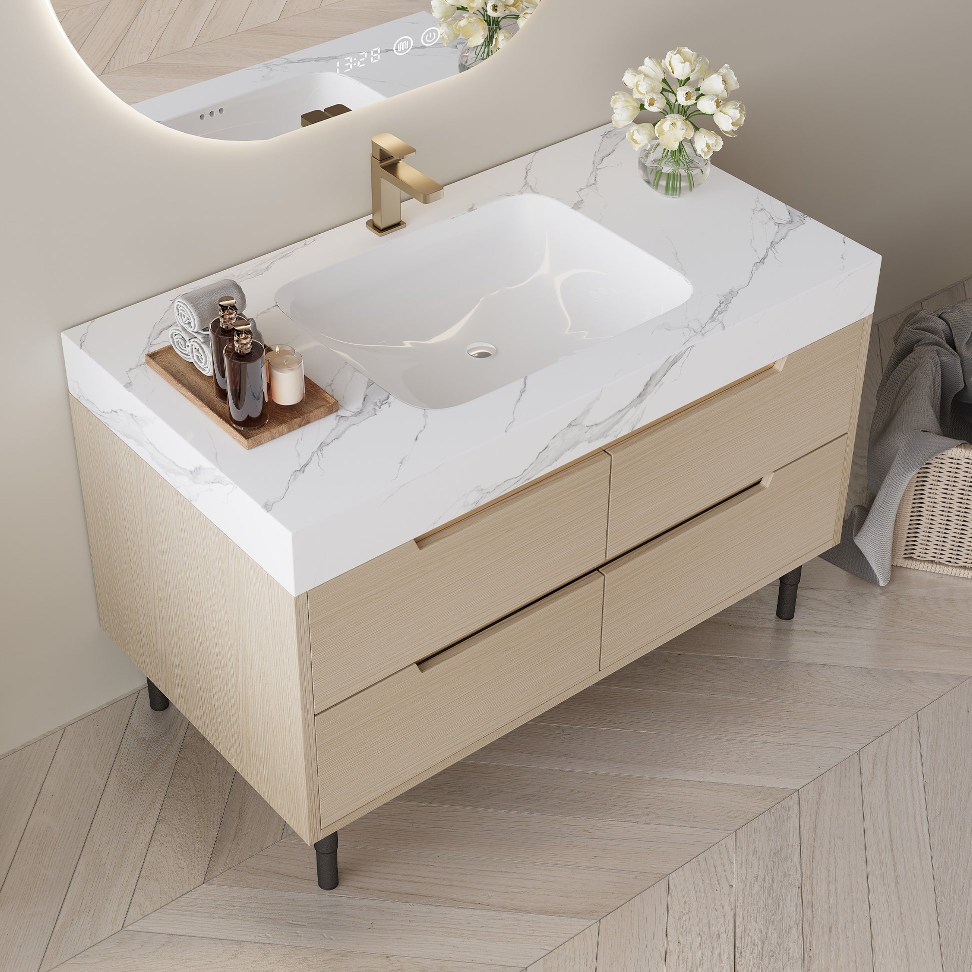 35.4" Modern Bathroom Vanity with Undermount Sink, Sintered Stone Top, Waterproof Multi-layer Solid Wood, 4 Drawers Storage, Free-standing/Wall-Mounted image 8