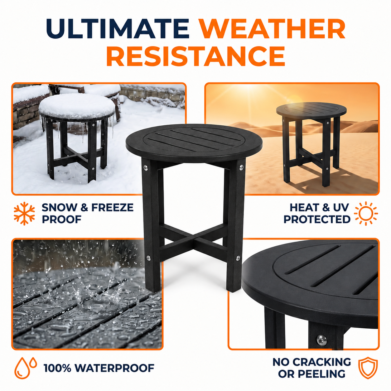 Black HDPE Outdoor Side Table, 15.94 in. L x 15.94 in. W x 17.71 in. H, Small All-Weather Patio End Table image 3
