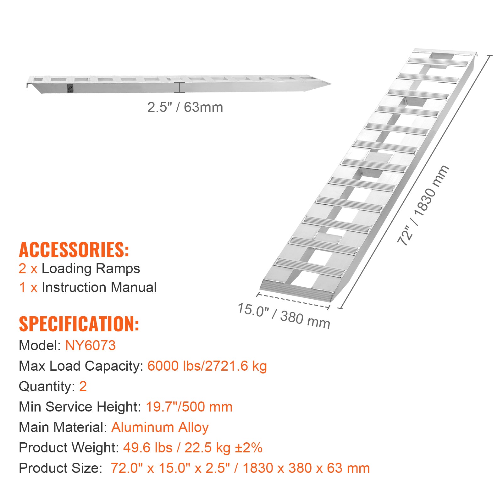 72" x 15" Aluminum Ramps 6000 LBS Capacity Loading Ramps 2PCS image 5