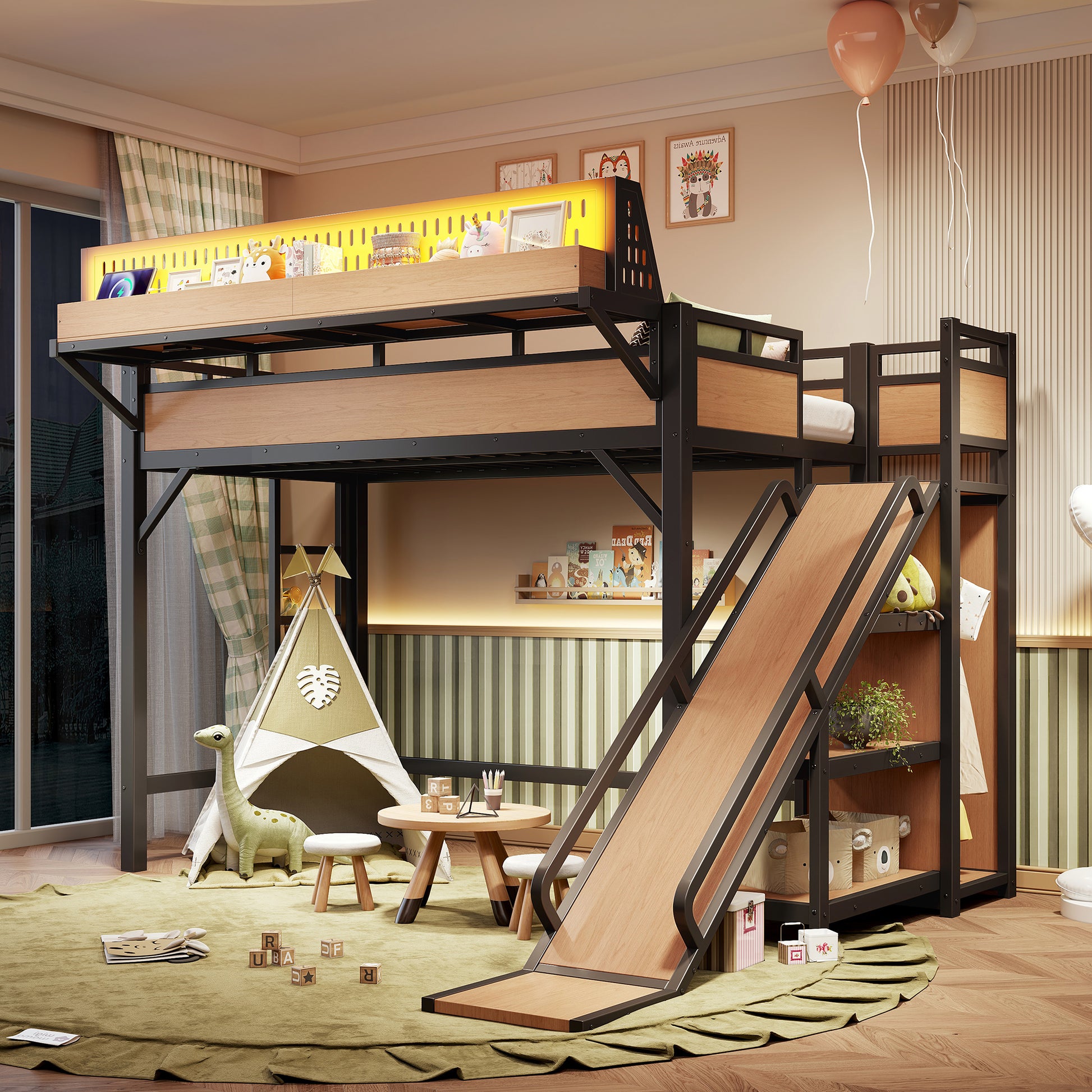 Twin XL Size Loft Bed with Slide, Storage Shelves and Built-in Wardrobe, Metal Loft Bed Frame with USB Ports and LED Lights, with Pegboard, Safety and Solid, Natural image 5