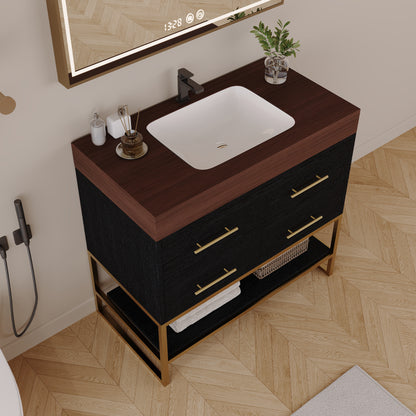 36" Artificial Stone Bathroom Vanity with Ceramic Sink, Modern Bathroom Sink Cabinet with Soft Close Drawers and Open Shelves, Free-standing Bathroom Vanity with Stainless Steel Legs and Large Space S image 4