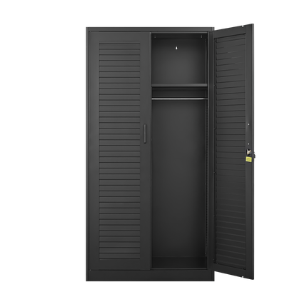 Wide & Deep Metal Storage Cabinet with Hanging Rod,Black Broom Closet Storage Cabinet with Lock, Tall Wardrobe Cabinets with Doors and Shelves,Locking Steel Tool Cabinets for Home,Office,Garage image 5